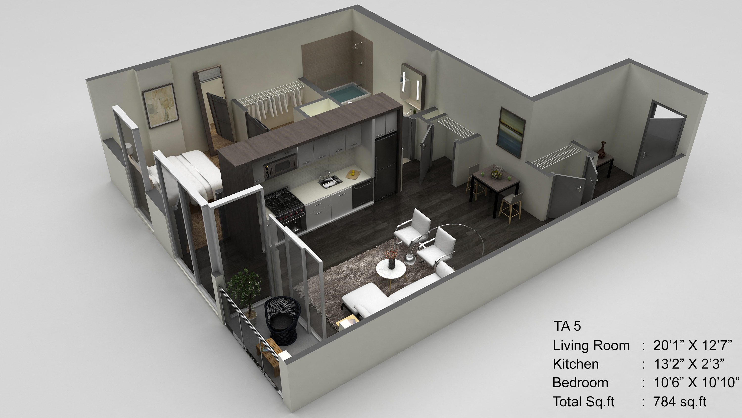 Floor plan for 1 bed, 1 bath, 784 sqft